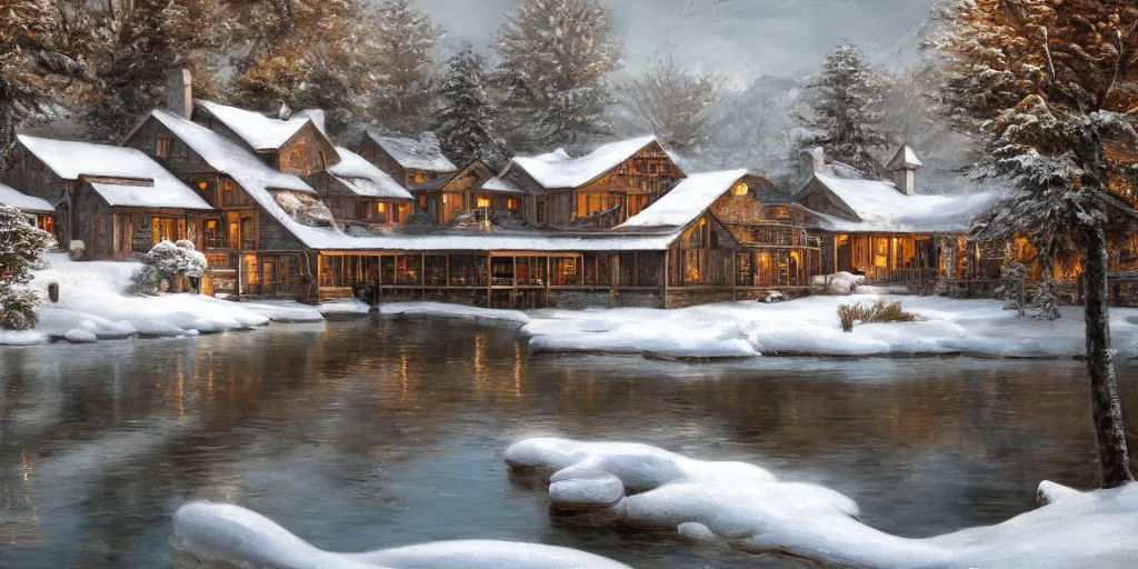 Prompt: an oil painting of a lakehouse in winter, masterpiece, highly detailed, high quality, 4 k, anatomically correct, hyperrealistic, concept art, octane render, unreal engine 5, trending on artstation, trending on deviantart, matte, historical painting, fantasy style, path traced, high coherence, soft lighting, digital painting, mythical