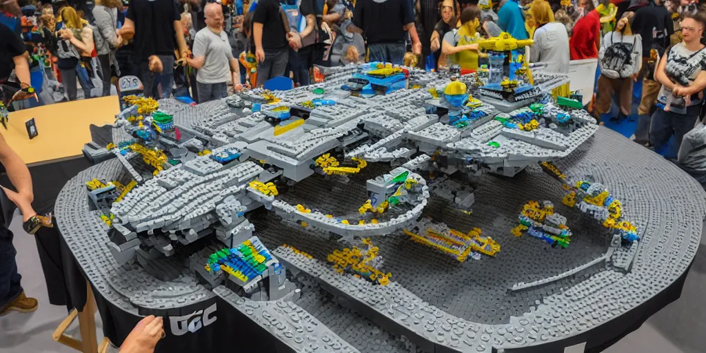 Image similar to wide shot lens photo of a very intricately detailed and epically shaped 1. 2 5 m long alien lego mothership ufo kit designed by a master builder as displayed at a lego convention.