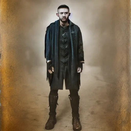 Image similar to HD photorealistic portrait of Alasdair 'Balor' Quinn, a 33-year old man with short cropped hair and a square jaw. Has a goetic aesthetic. Alasdair is a modern day warlock of the Mastigos Path. portrait by Annie Liebovitz and Steve McCurry.