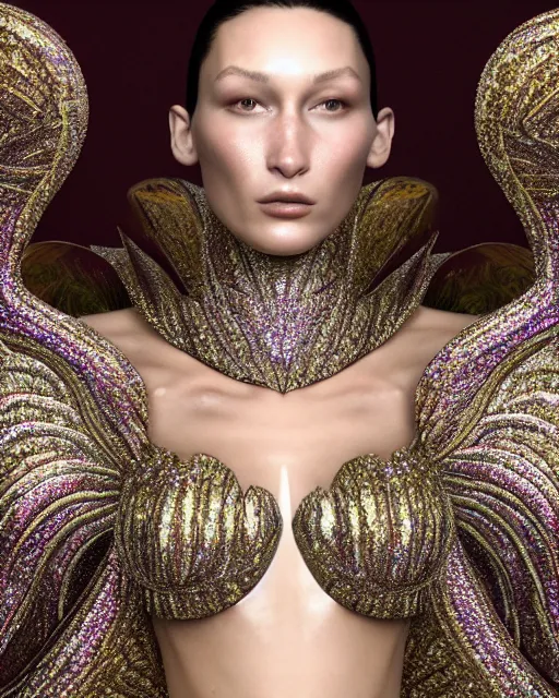 Image similar to a highly detailed metahuman 8 k close up render of bella hadid renaissance in iris van herpen dress in diamonds crystals swarovski and jewelry iridescent in style of gustav klimt on artstation made in unreal engine 4