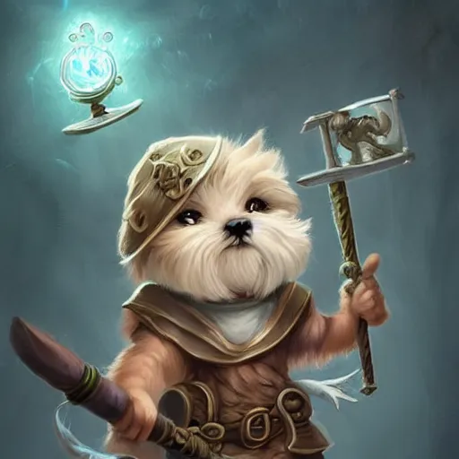 Image similar to cute little anthropomorphic a Maltese Terrier and a tabby cat, wielding a magic staff, tiny, small, short, Wizard robe, cute and adorable, pretty, beautiful, DnD character art portrait, matte fantasy painting, DeviantArt Artstation, by Jason Felix by Steve Argyle by Tyler Jacobson by Peter Mohrbacher, cinema