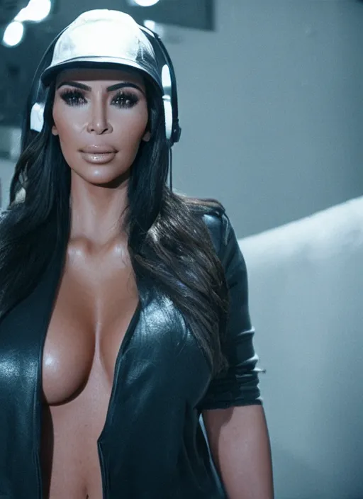 Image similar to film still of kim kardashian as Dr dre, Compton ghetto, cinematic lighting,