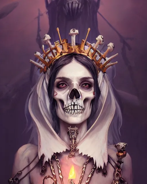 Image similar to illustrated tarot card portrait of a bone queen, bone crown, skull earings, bone dress, stephen bliss, unreal engine, by greg rutkowski, loish, rhads, makoto shinkai and lois van baarle, ilya kuvshinov, rossdraws, global illumination, radiant light, detailed and intricate environment