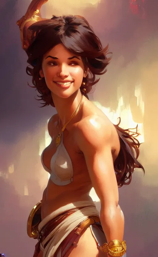 Prompt: genie, female, pretty, short, brown skin, short brown hair, smiling, abs, highly detailed, digital painting, artstation, concept art, sharp focus, illustration, art by greg rutkowski and alphonse mucha