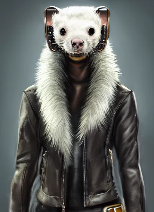 Prompt: cyberpunk anthropomorphic sable ferret, detailed fur, wearing leather jacket, medium shot portrait, digital painting, dynamite lighting, trending on ArtStation