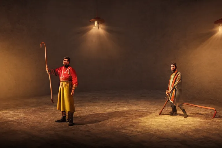 Image similar to theatre stage, romanian man in traditional romanian clothing with scythe, people, traditional romanian clothing, concept art, dramatic lighting, beautiful, volumetric lighting, colorful, octane render