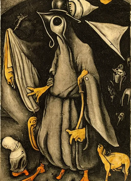 Prompt: plague doctor in the style of Hieronymus Bosch