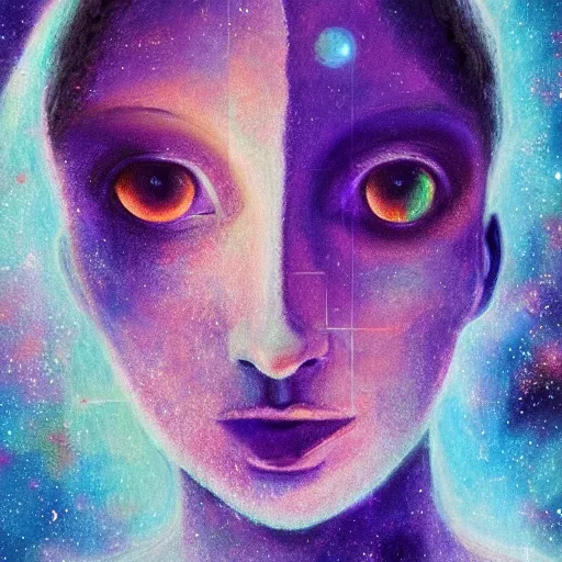 Image similar to beautiful detailed artistic portrait of a person travelling between different astral planes. the universe observing itself. grainy and rough. fine detail. soft colour scheme. artistic painting by lurid ( 2 0 2 2 ). featured on deviantart.