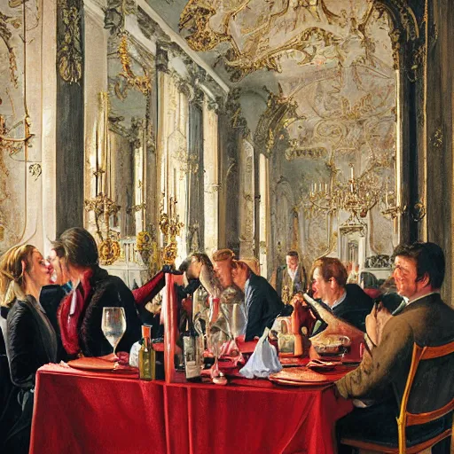 Image similar to people drinking red wine named roi soleil in versailles castle, realistic painting