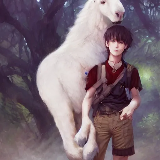 Image similar to a person hugging a large white animal, a detailed painting by krenz cushart, pixiv contest winner, fantasy art, official art, detailed painting, pixiv. highly detailed. 4 k masterpiece.