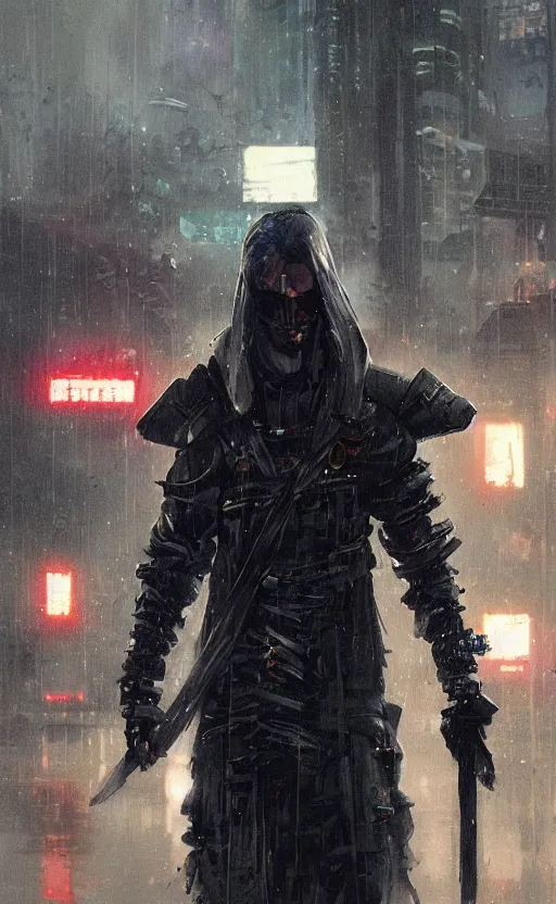 Image similar to cyberpunk samurai in rain, crowd, raven, arcane, by fortiche, by greg rutkowski, esuthio, craig mullins, wlop