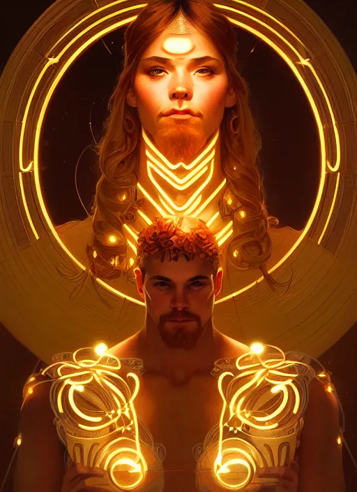 Prompt: symmetry portrait of hercules, glowing lights, intricate, elegant, highly detailed, digital painting, artstation, concept art, smooth, sharp focus, illustration, art by artgerm and greg rutkowski and alphonse mucha