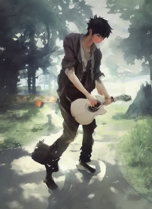 Image similar to semi reallistic gouache gesture painting, by miura kentaro, by ruan jia, by Conrad roset, by dofus online artists, detailed anime 3d portrait a boy playing music on a park, cgsociety, artstation, rococo mechanical, Digital reality, realistical, dieselpunk atmosphere, gesture drawn