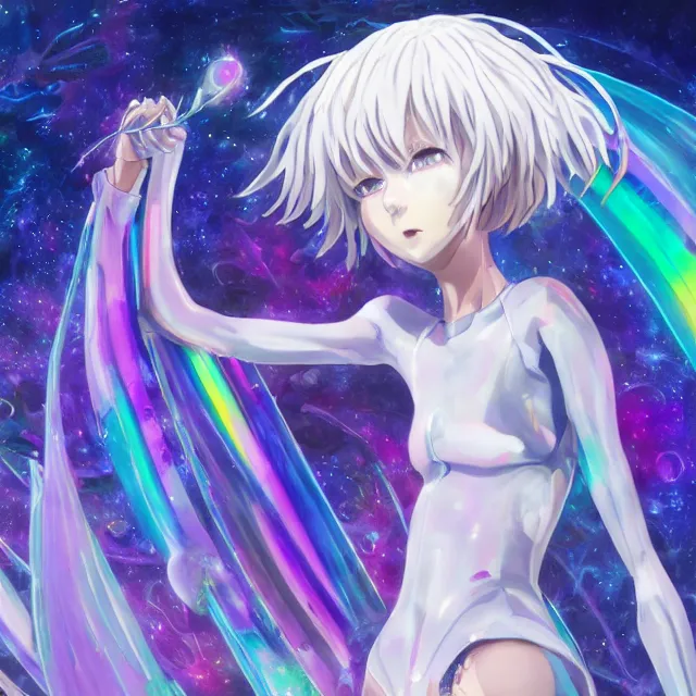 Image similar to rei ayanami, deep space, seascape, grimes, silver hair, shikinami asuka langley, card captor sakura, bunny ears, cosmos, psychedelic flowers, black opal, rainbow aura quartz, organic, oni compound artwork, of character, render, artstation, portrait, wizard, beeple, art, fantasy, epcot, psychedelic glitchcore