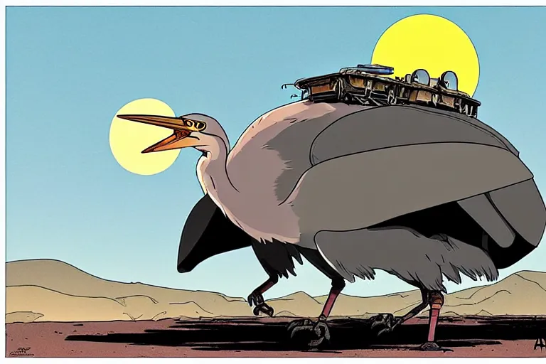 Image similar to a cell shaded cartoon of a mechanized grey heron from howl's moving castle ( 2 0 0 4 ), on a desert road, in front of a full moon, full body, wide shot, very muted colors, post grunge, studio ghibli, laurie greasley, highly detailed, deviantart, art by artgem