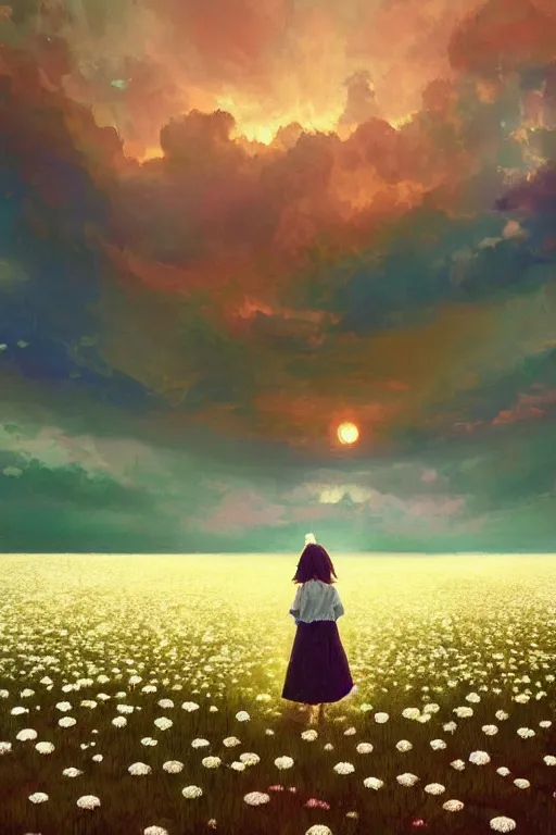 Image similar to giant white daisy flower veil, girl walking in a flower field, surreal photography, sunrise, dramatic light, impressionist painting, colorful clouds, digital painting, artstation, simon stalenhag