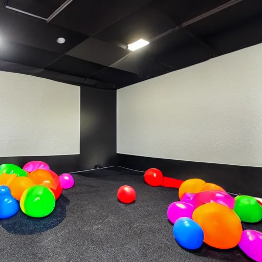 Image similar to A black trampoline next to A bouncy house with a ball pit inside a big empty room with windows