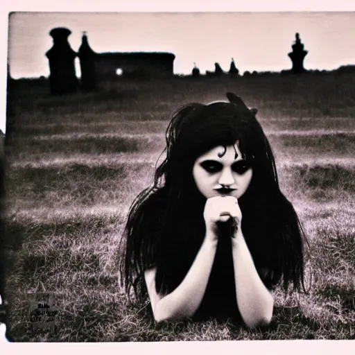 Image similar to gothic girl on graveyard, 8 mm film