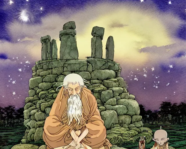 Image similar to a hyperrealist studio ghibli watercolor fantasy concept art of a giant long haired grey witch in lotus position sitting on top of stonehenge with a starry sky in the background. a group of tiny monks are prostrating them themselves. by rebecca guay, michael kaluta, charles vess