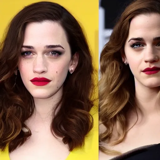 Image similar to a woman who is a genetic combination of kat dennings and emma watson face and upper - body focus