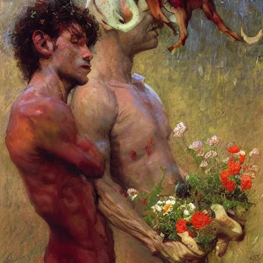 Prompt: A shy goat human hybrid with the horns, ears, and legs of a goat and the face and body of a human holding a bundle of flowers. By Craig Mullins. By Ilya Repin. By Ruan Jia.