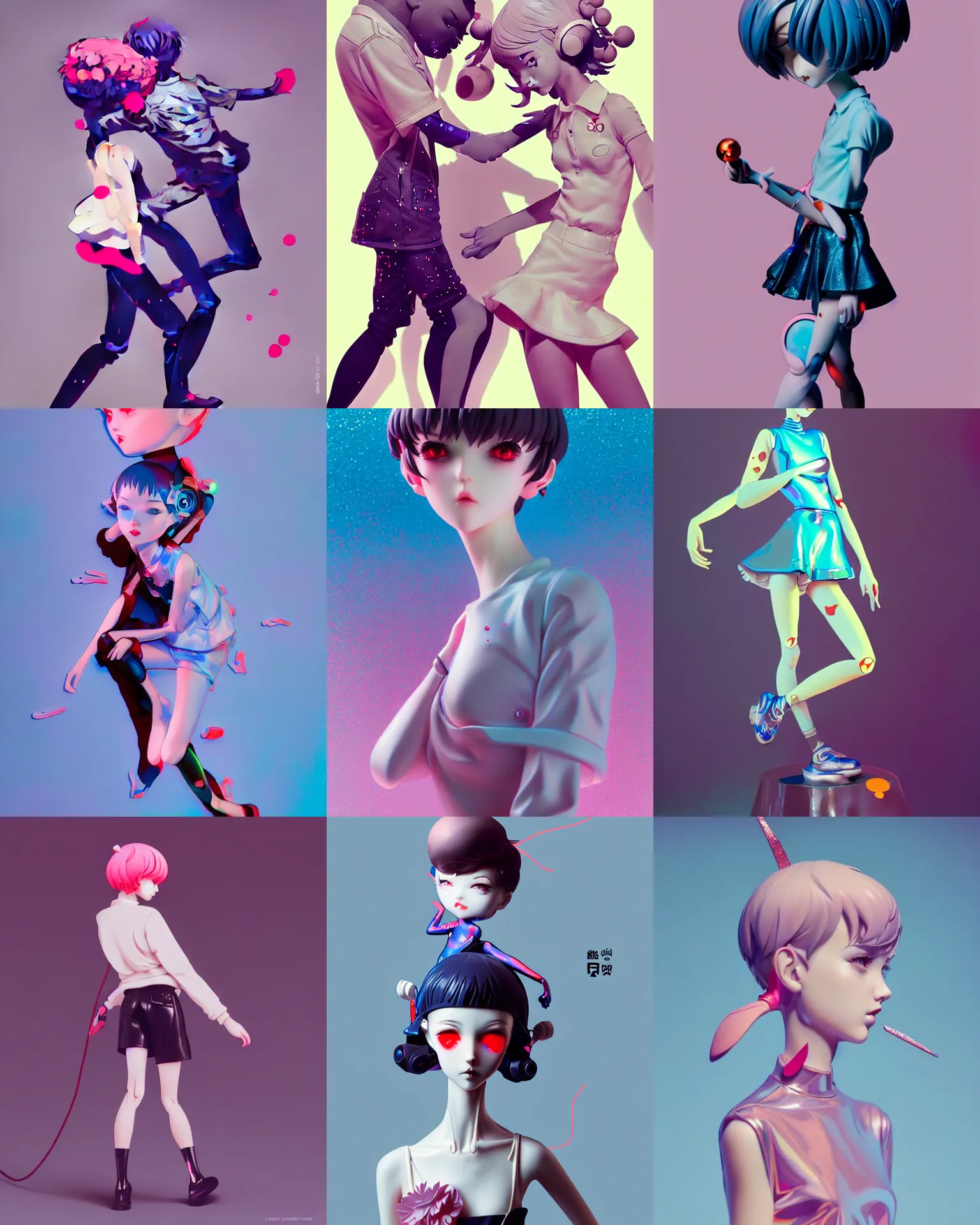Prompt: james jean and ilya kuvshinov isolated vinyl figure cheerful tomboy, expert figure photography, dynamic pose, interesting color palette material effects, glitter accents on figure, anime stylized, accurate fictional proportions, high delicate defined details, holographic undertones, ethereal lighting, editorial awarded
