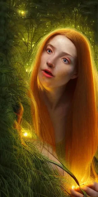 Image similar to young woman surrounded by golden firefly lights in a mesmerizing scene, sitting amidst nature fully covered, long loose red hair, precise linework, accurate green eyes, small nose with freckles, smooth oval shape face, empathic, bright smile, expressive emotions, hyper realistic ultrafine art by artemisia gentileschi, jessica rossier, boris vallejo