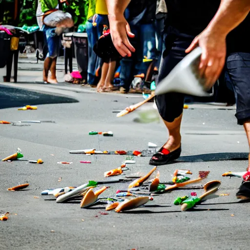 Image similar to A photo of a guy throwing out a bunch of forks into a trash can. Taken with a Canon EOS 5D.