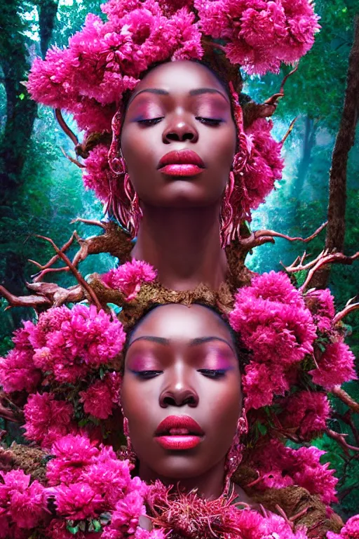 Prompt: hyperrealistic neo - rococo cinematic super expressive! yoruba goddess with exoskeleton armor, merging with tree in a forest, pink red flowers, highly detailed digital art masterpiece, smooth cam de leon eric zener dramatic pearlescent soft teal light, ground angle hd 8 k, sharp focus