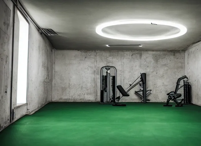 Image similar to photograph of a gym build on a bunker, cinematographic, sharp focus, elegant, green light
