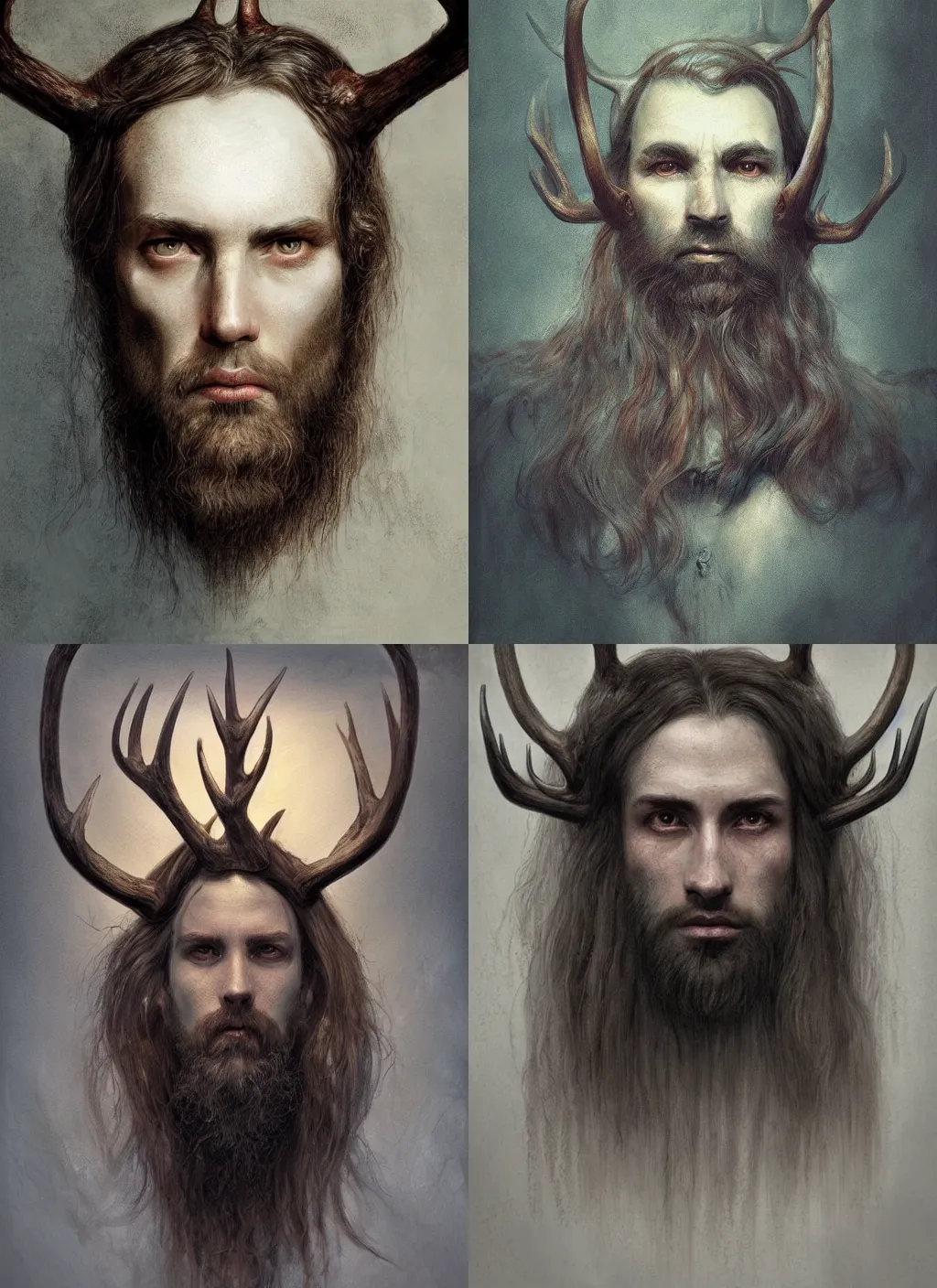 Prompt: portrait of a man with antlers and long hairs in alan lee and marc simonetti and emil melmoth style , cinematic lighting