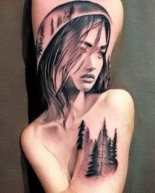 Image similar to creative double exposure effect tattoo design sketch of megan fox faded with beautiful mountain scenery, realism tattoo, in the style of matteo pasqualin, amazing detail, sharp