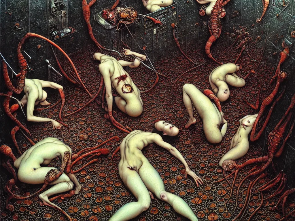 Prompt: photo of cockroaches taking a bath in an old dirty soviet bathroom, by ayami kojima, amano, karol bak, neo - gothic, gothic, rich deep colors. beksinski painting, from a movie by david cronenberg. art by takato yamamoto. masterpiece. realistic detailed image