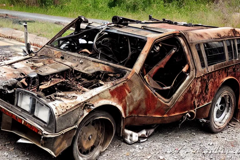 Image similar to rusted, derelict on the back of a tow truck on the road 1 9 2 2 delorean