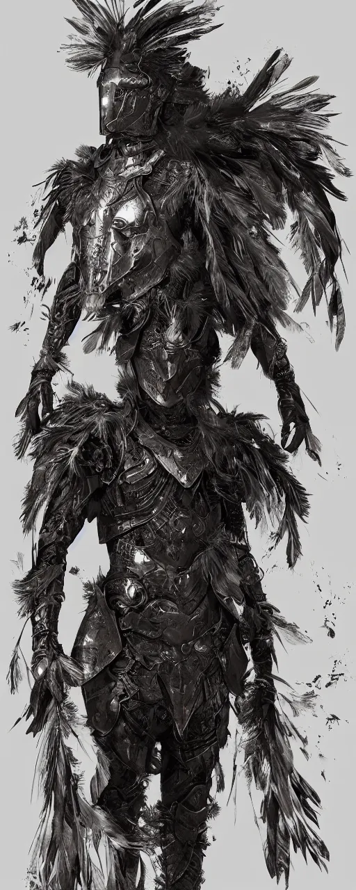 Image similar to a warrior wearing an armor made of feathers, strange energy emitting through body, scars on face, volumetric lighting, scary eyes, digital art,