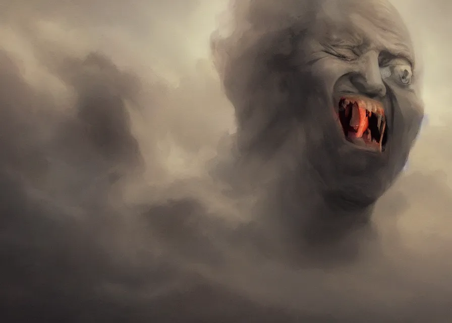 Prompt: abstract painting of grinning!!!!! Joe Biden head emerging from thick dark clouds, immense crowd of varied people, cosmic!!!!!! horror , trending on ArtStation, masterpiece, by Greg Rutkowski, by Ross Tran, by Fenghua Zhong, octane, lightbeam eyes, soft render, clear facial features, oil on canvas, moody lighting, cinematic, professional detailed environmental concept art