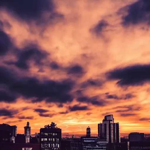 Image similar to instant photograph of the sky, polaroid, raw, beautiful, sunset, clouds, city