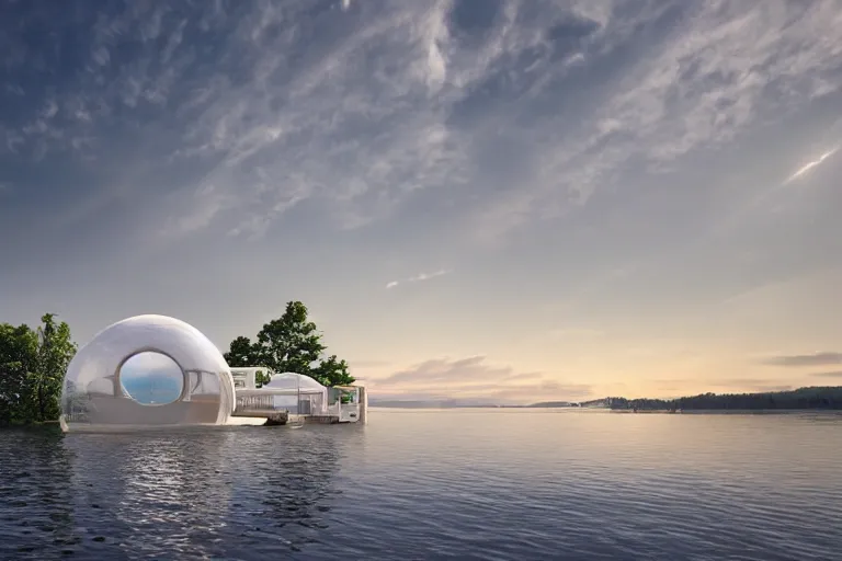 Image similar to a white soap bubble shaped building on the calm lake, human perspective, future, interior wood, marble, award winning, highly detailed 4 k art, dusk, unreal engine highly rendered, global illumination, radial light, internal environment by kazuyo sejima