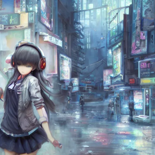 Image similar to dynamic composition, motion, ultra-detailed, incredibly detailed, a lot of details, amazing fine details and brush strokes, colorful and grayish palette, smooth, HD semirealistic anime CG concept art digital painting, watercolor oil painting of Clean and detailed post-cyberpunk sci-fi close-up schoolgirl in asian city in style of cytus and deemo, blue flame, relaxing, calm and mysterious vibes,, by a Chinese artist at ArtStation, by Huang Guangjian, Fenghua Zhong, Ruan Jia, Xin Jin and Wei Chang. Realistic artwork of a Chinese videogame, gradients, gentle an harmonic grayish colors. set in half-life 2, Matrix, GITS, Blade Runner, Neotokyo Source, Syndicate(2012), dynamic composition, beautiful with eerie vibes, very inspirational, very stylish, with gradients, surrealistic, dystopia, postapocalyptic vibes, depth of field, mist, rich cinematic atmosphere, perfect digital art, mystical journey in strange world