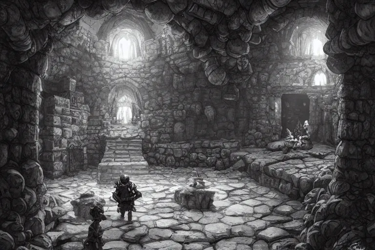 Image similar to black and white one point perspective dungeon cozy fantasy dungeon The mushroom adventurer Fira and their plain conference of trolls are hiding in the ancient stable. artgerm and Craig Mullins, James Jean, Andrey Ryabovichev, Mark Simonetti and Peter Morbacher 16k