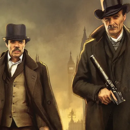 Image similar to [UHD Sherlock Holmes and Watson as GTA characters on the streets of London in 2169, correct faces, intricate, elegant, graphic detail, digital painting, trending on artstation, concept art, tonalism, sharp focus, illustration, art by Miguel Vasquez and Greg Rutkowski and Alphonse Mucha]