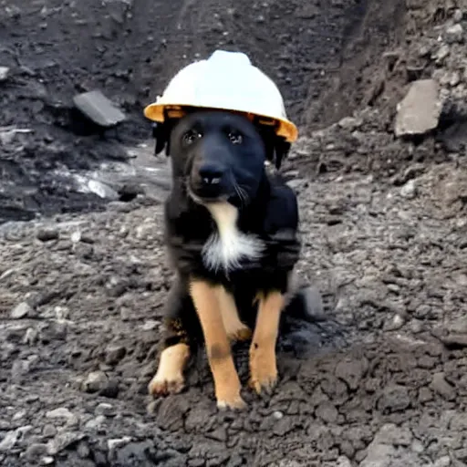 Prompt: puppy working in a coal mine, wearing hard hat, hidden camera,