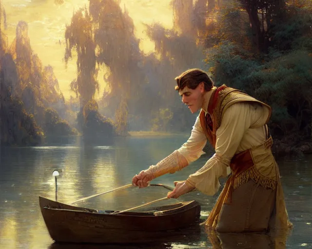 Image similar to attractive male wizard casting water spell in a beautiful lake. highly detailed painting by gaston bussiere, craig mullins, j. c. leyendecker 8 k