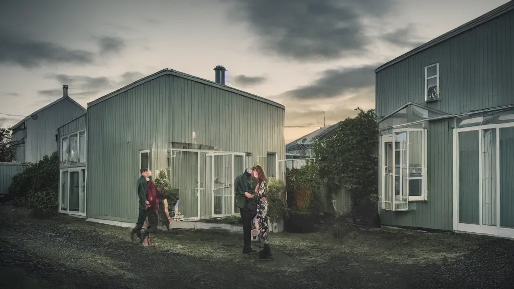 Image similar to a couple, green house, quiet street, reykjavik, sunset lighting, rim light, hyper realistic, cinematic frame