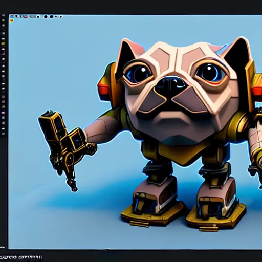 Prompt: isometric 3 d fantasy cute pug mecha, smoth 3 d illustration, cinematic matte painting, soft render, servando lupini, handpaint texture, blender, 3 dcoat