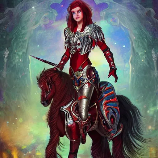 Prompt: girl hybrid unicorn horn and red wings, full body metallic armor, ultrarrealistic, cinematic lights, high detail, fantasy classic digital art, mucha