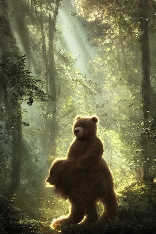 Image similar to mean fluffy teddybear protecting girl in a forest with rays of light coming through the canopy, masterpiece, dystopian, sci-fi, extremely detailed, digital painting, sculpted in zbrush, artstation, concept art, smooth, sharp focus, illustration, chiaroscuro lighting, golden ratio, incredible art, artgerm, greg rutkowski, alphonse mucha, simon stalenhag, carravaggio