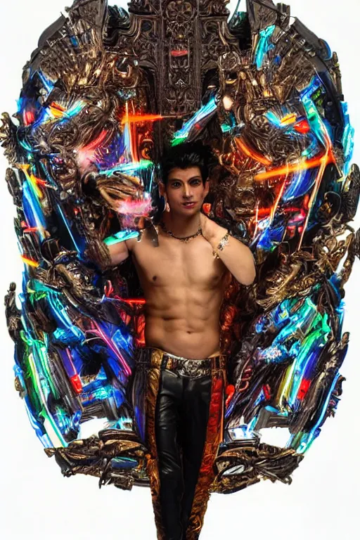 Image similar to full-body bladerunner style sculpture of a young handsome Latino prince as a half cibernetic android with a chest opening exposing circuitry and electric sparks, glowing laser beam eyes, crown of giant diamonds, flowing neon-colored silk, fabric, raptors. baroque elements. full-length view. baroque element. intricate artwork by caravaggio. many many birds birds on background. Trending on artstation, octane render, cinematic lighting from the right, hyper realism, octane render, 8k, depth of field, 3D