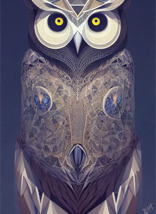 Image similar to portrait of a geometric owl, identical eyes, medium shot, illustration, full body made of white feathers, symmetrical, art stand, super detailed, cinematic lighting, and its detailed and intricate, gorgeous, by peter mohrbacher