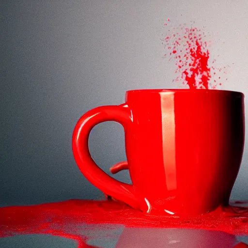 Image similar to photorealistic professional photography of a mug filled with red, opaque slime, taken in a professional studio.